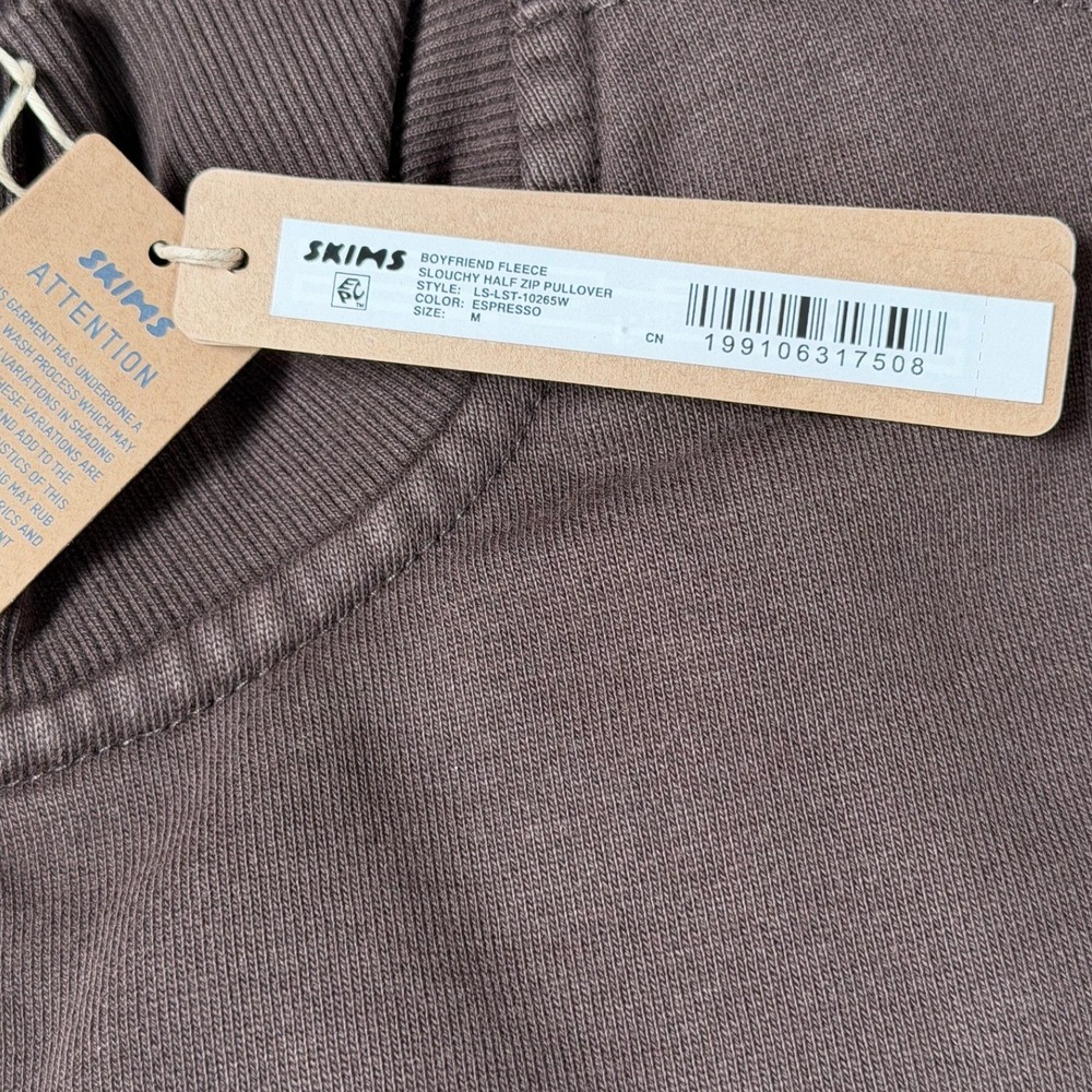 Skims Boyfriend Fleece Slouchy Half Zip Pullover Espresso Brown Medium Cotton - Picture 10 of 10